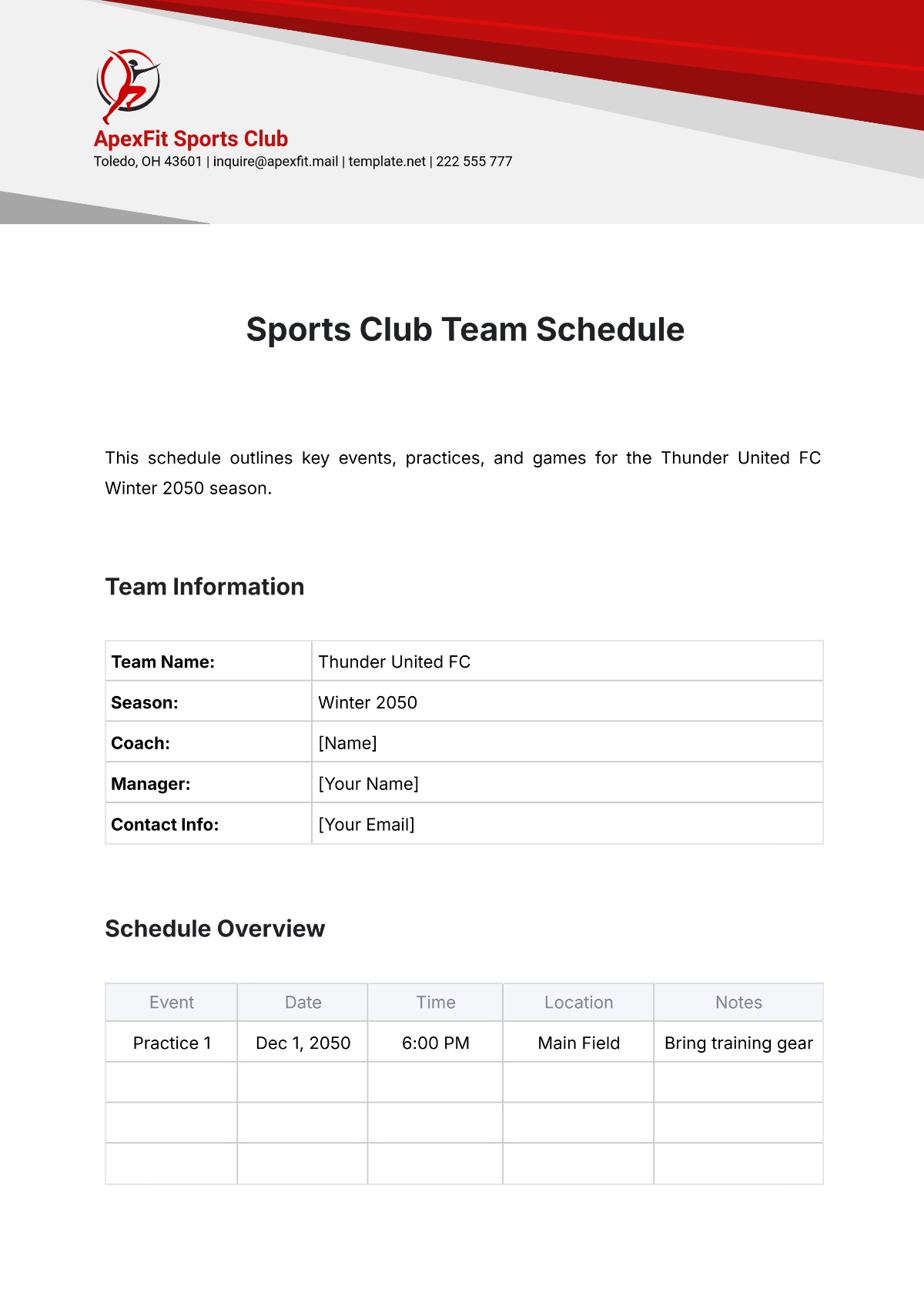 Sports Club Team Schedule Template - Edit Online & Download