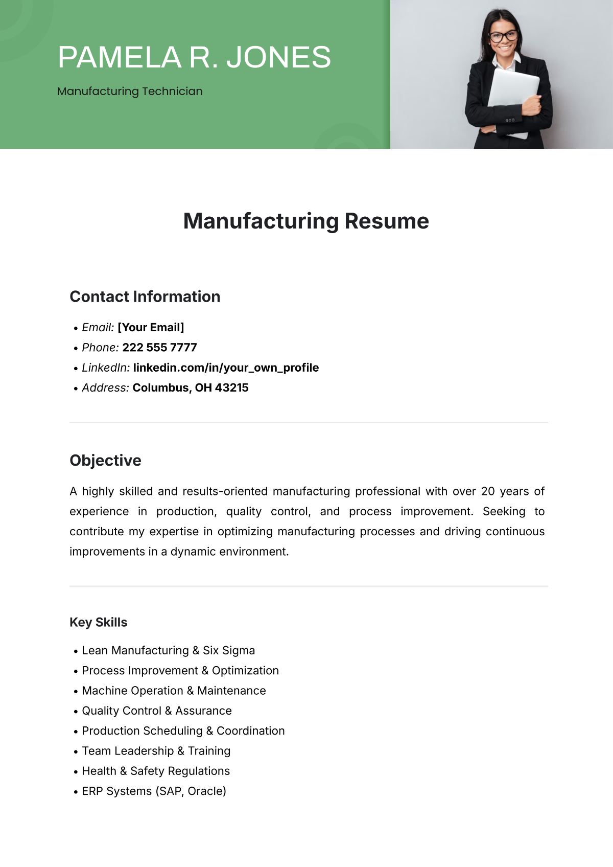 Manufacturing Resume Template - Edit Online & Download