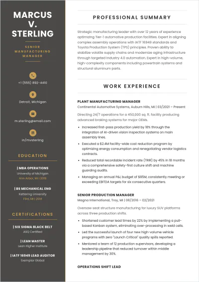 Free Manufacturing ATS Resume Template, AI Resume Builder