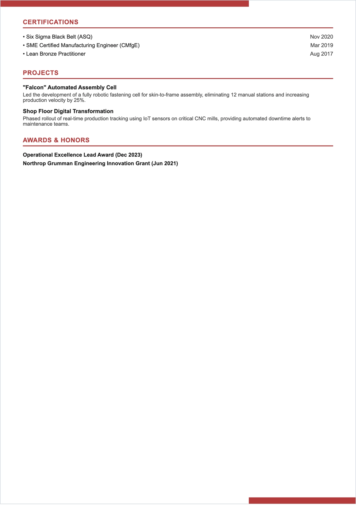 Free Sample Manufacturing Engineer ATS Resume Template