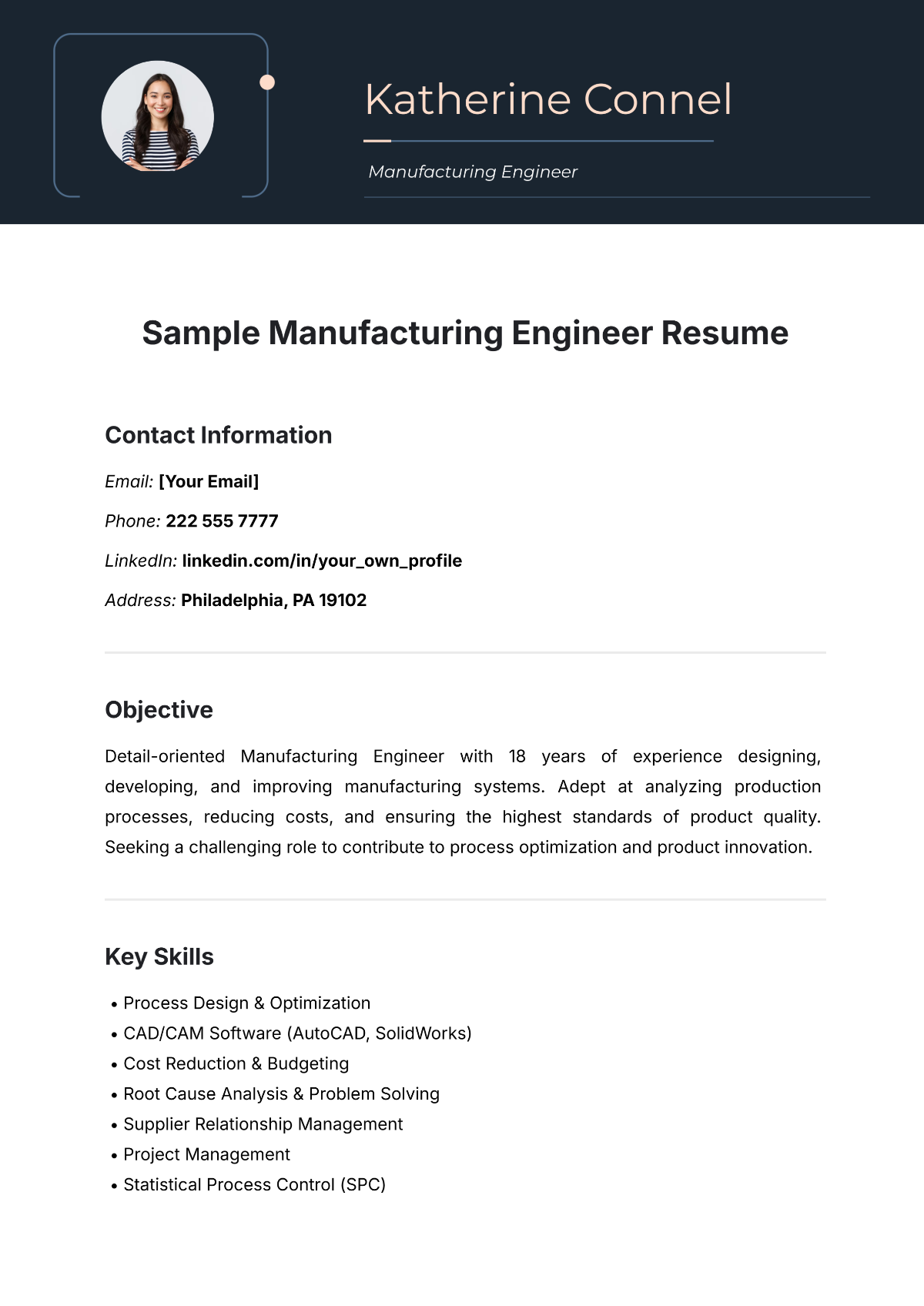 Sample Manufacturing Engineer Resume Template - Edit Online & Download