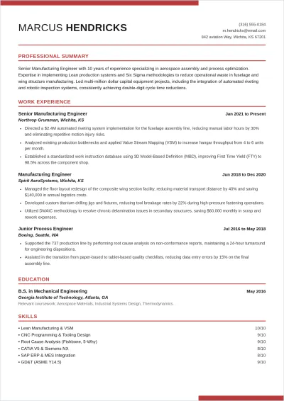 Free Sample Manufacturing Engineer ATS Resume Template