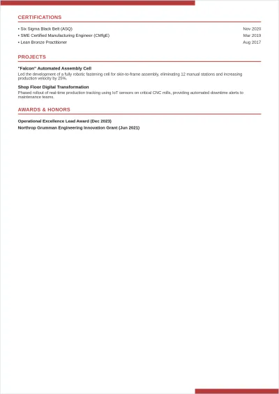 Free Sample Manufacturing Engineer ATS Resume Template