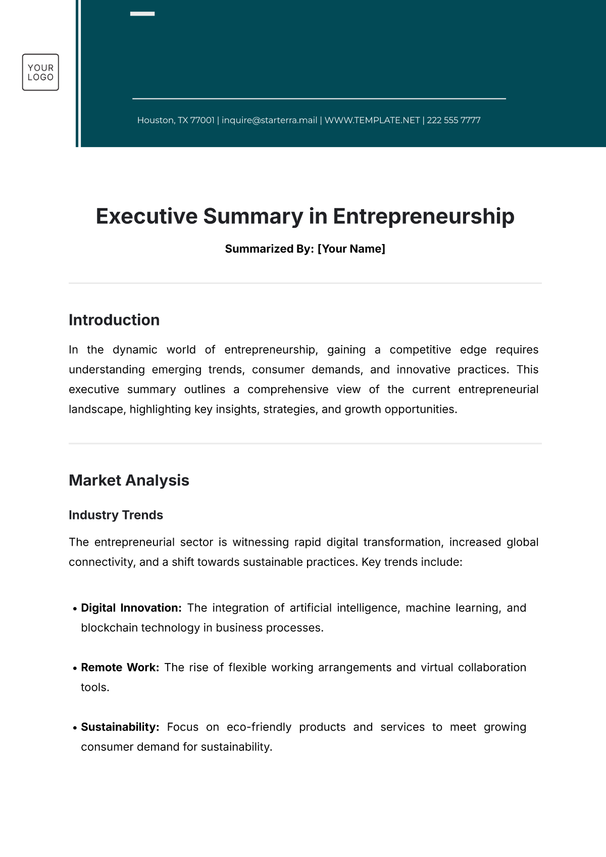 Executive Summary in Entrepreneurship Template - Edit Online & Download