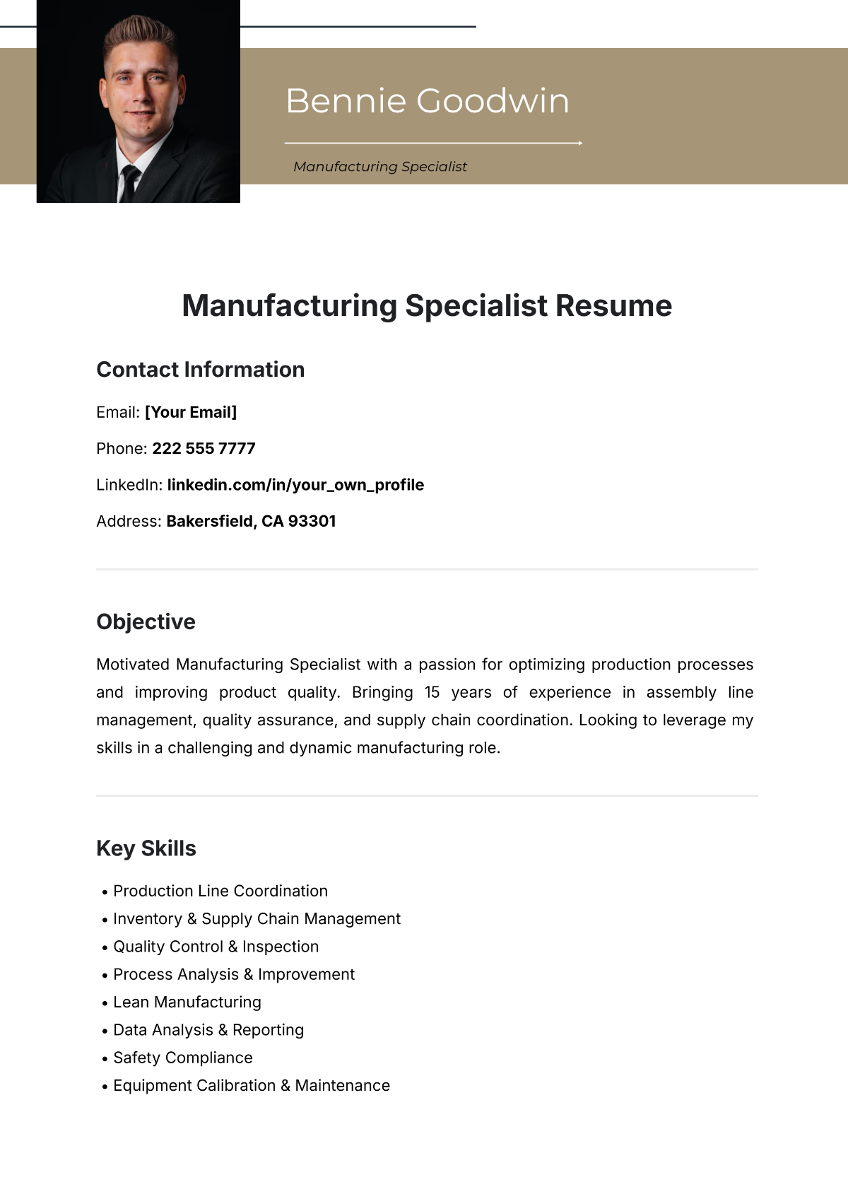 Manufacturing Specialist Resume Template - Edit Online & Download