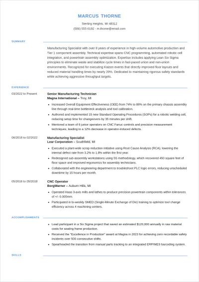 Free Manufacturing Specialist ATS Resume Template, AI Resume Builder