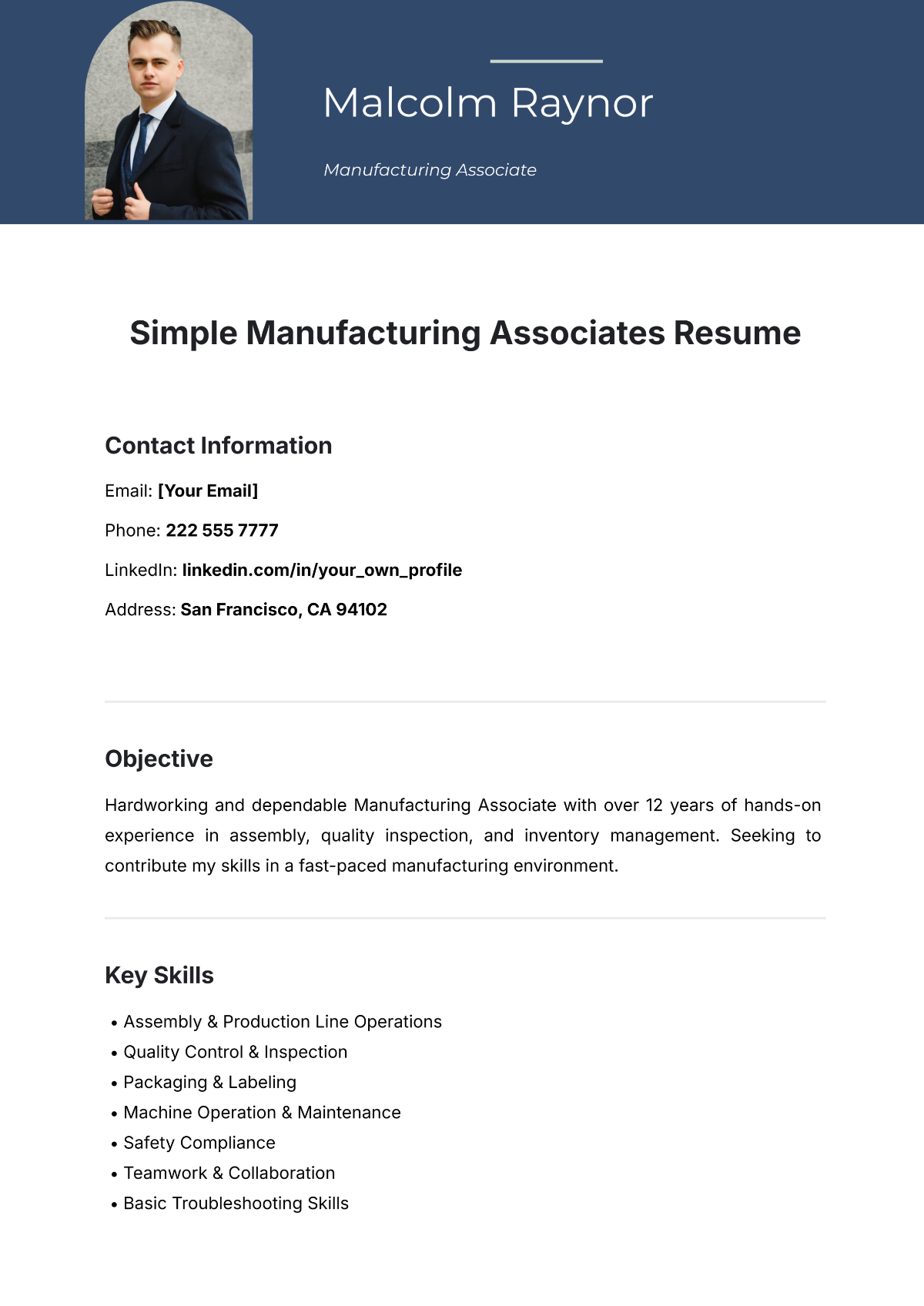 Simple Manufacturing Associates Resume Template - Edit Online & Download