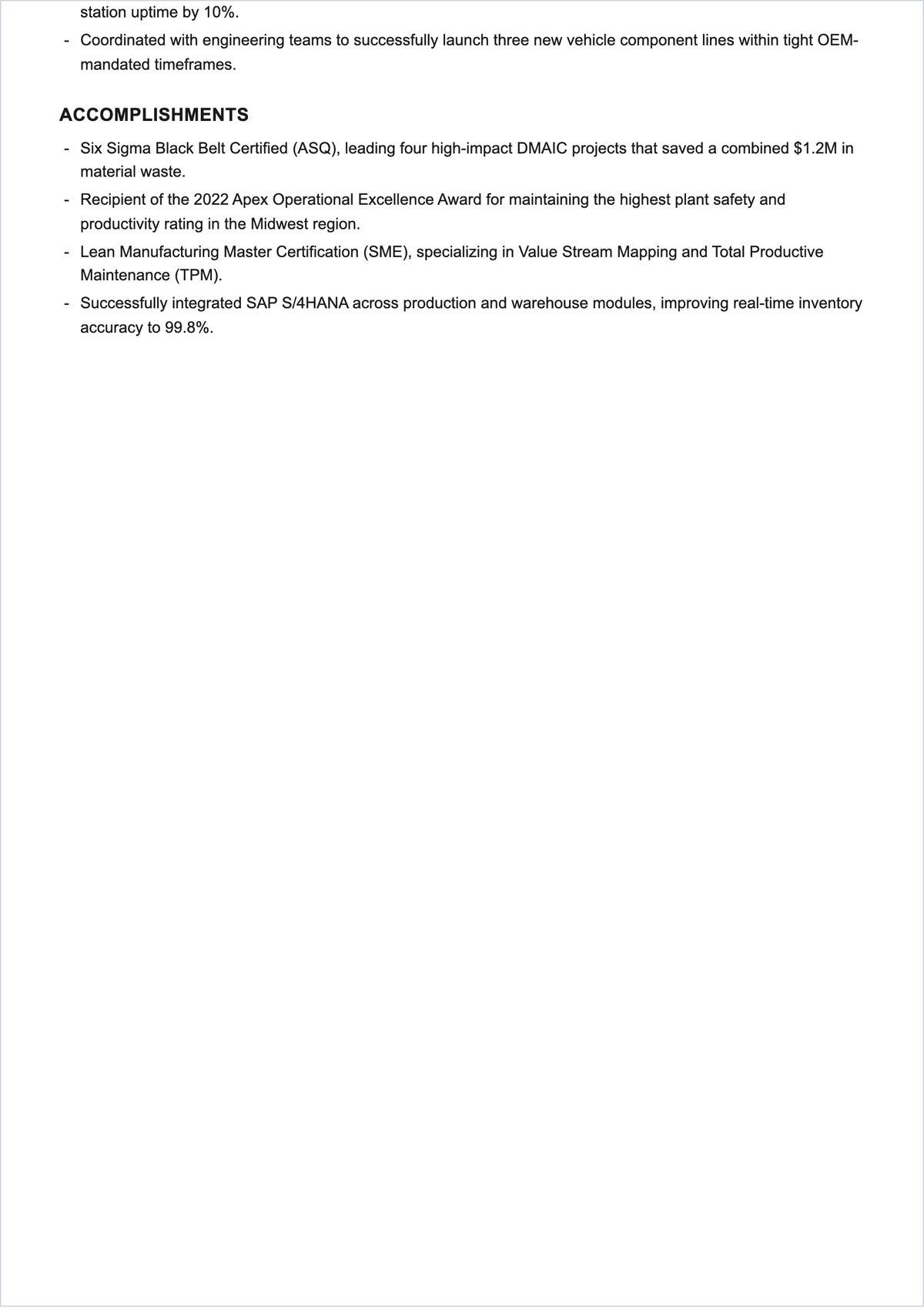 Free Manufacturing Manager ATS Resume Template, AI Resume Builder