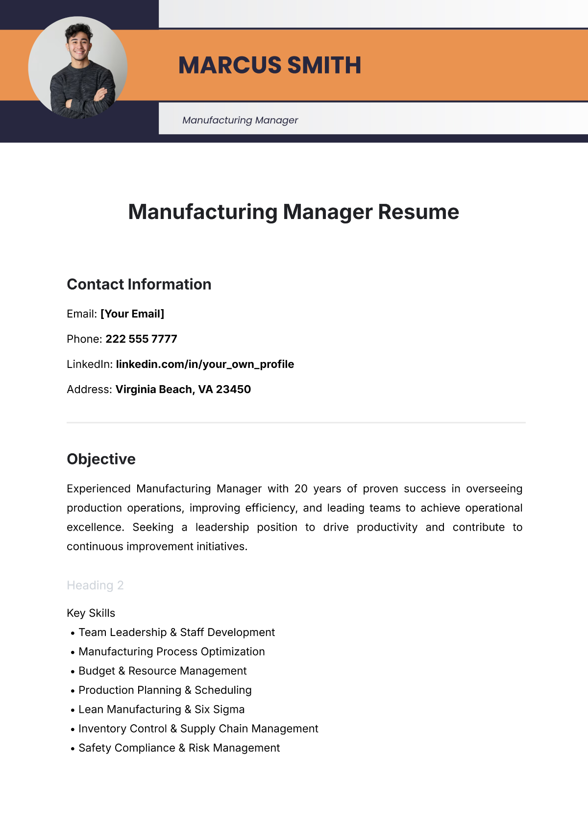 Manufacturing Manager Resume Template - Edit Online & Download