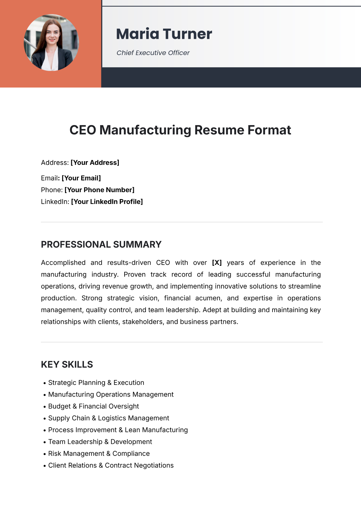 CEO Manufacturing Resume Format Template - Edit Online & Download