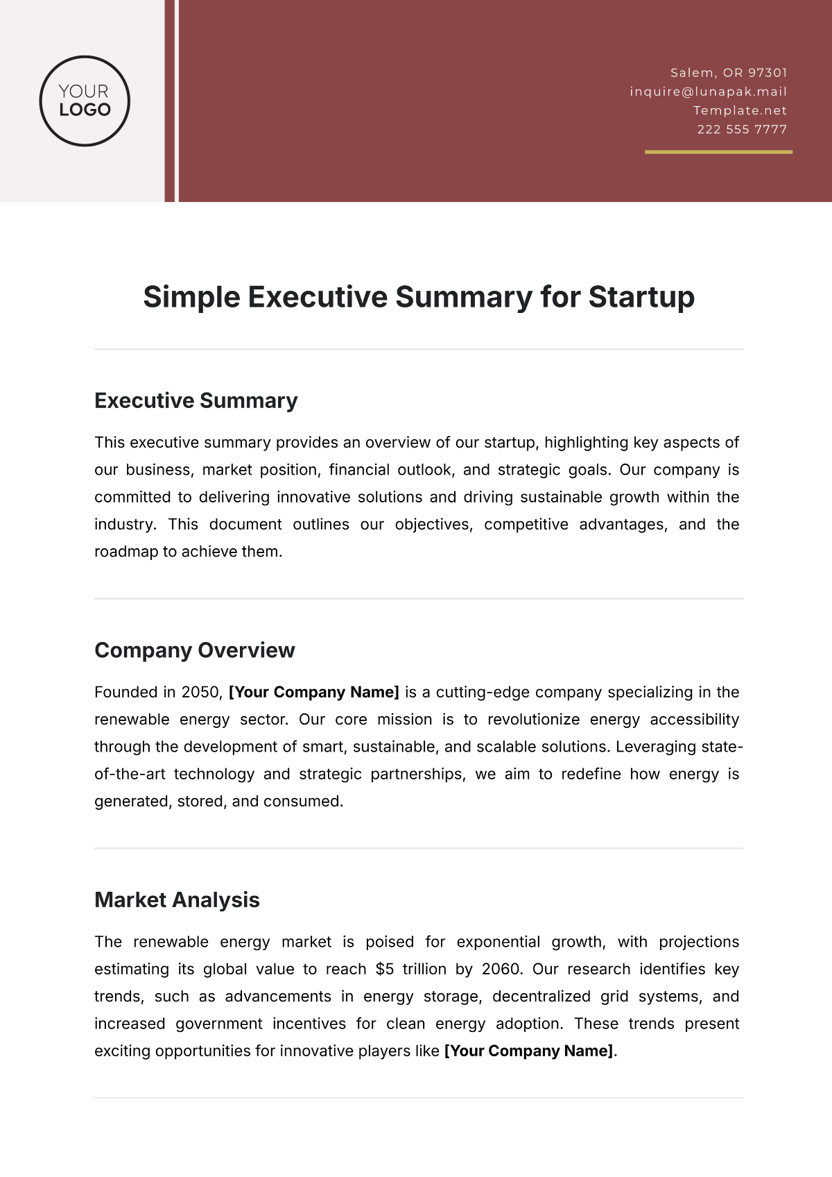 Simple Executive Summary for Startup Template - Edit Online & Download