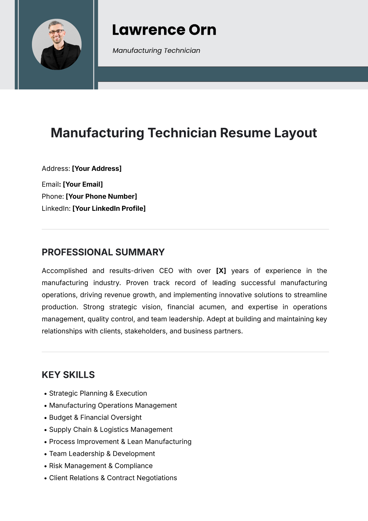 Manufacturing Technician Resume Layout Template - Edit Online & Download