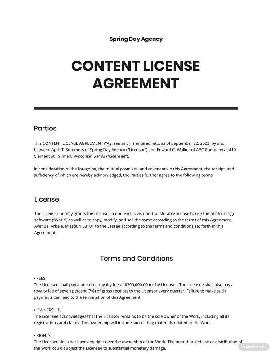 Free Content License Agreement Template