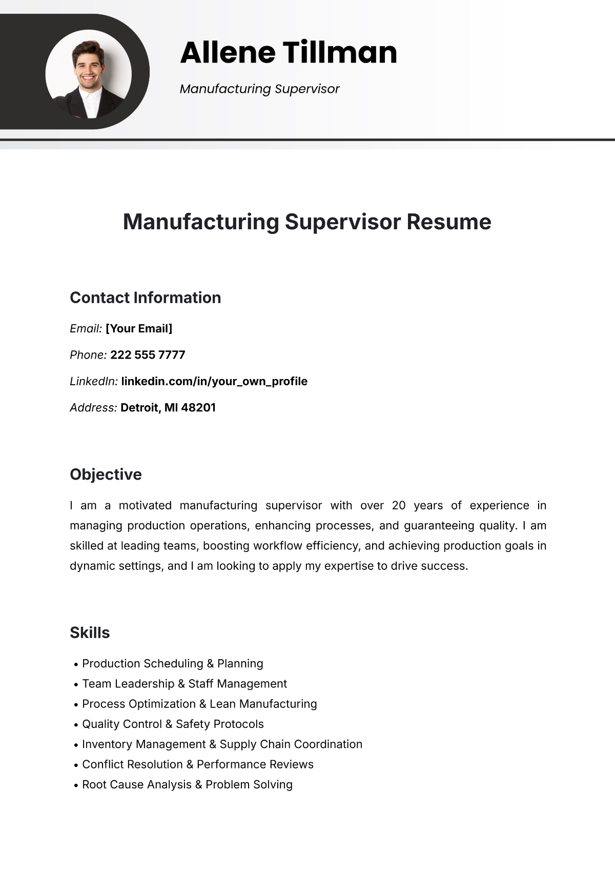 Manufacturing Supervisor Resume Template - Edit Online & Download