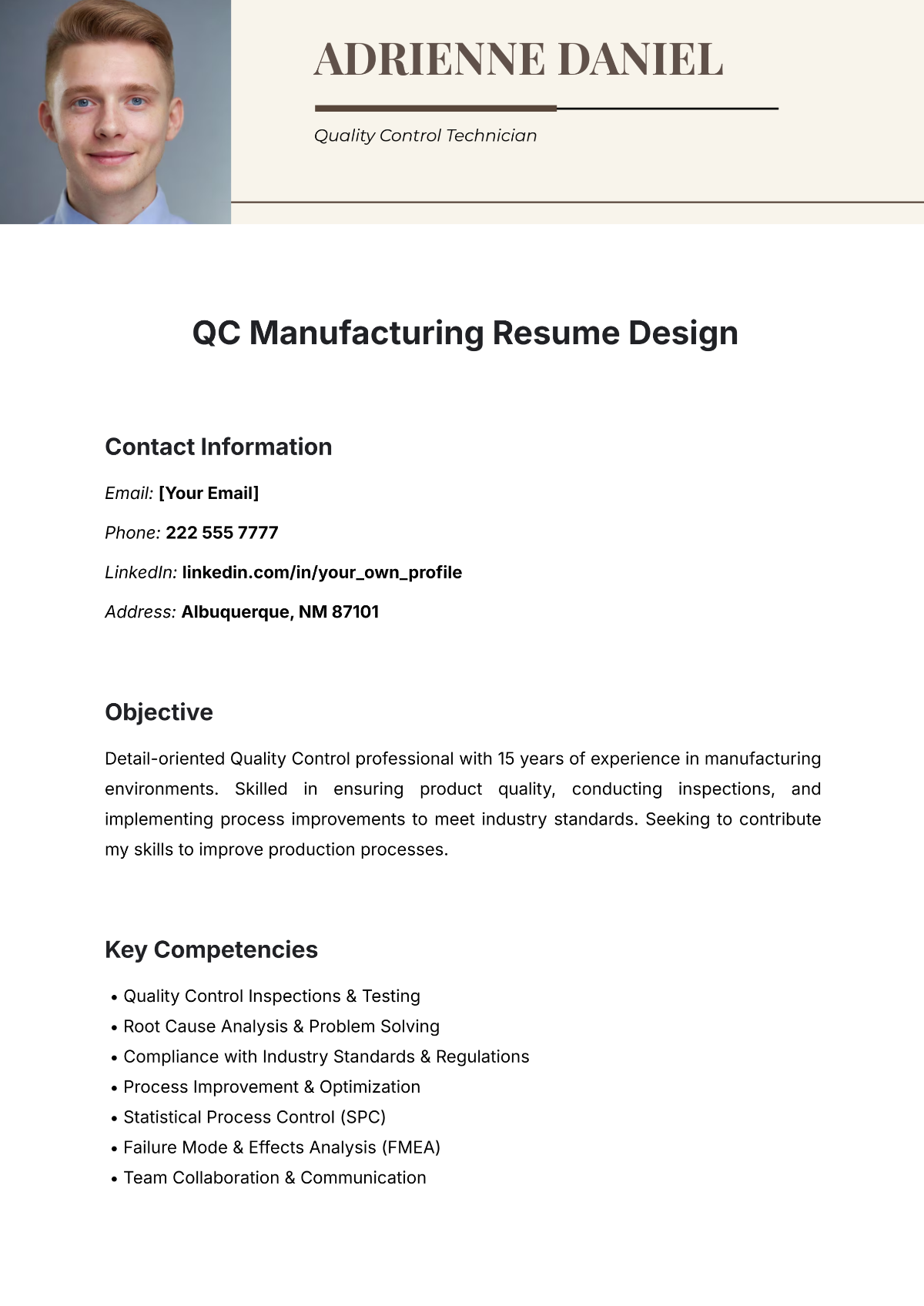 QC Manufacturing Resume Design Template - Edit Online & Download