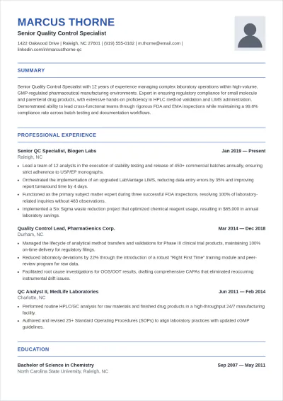 Free QC Manufacturing ATS Resume Template, AI Resume Builder