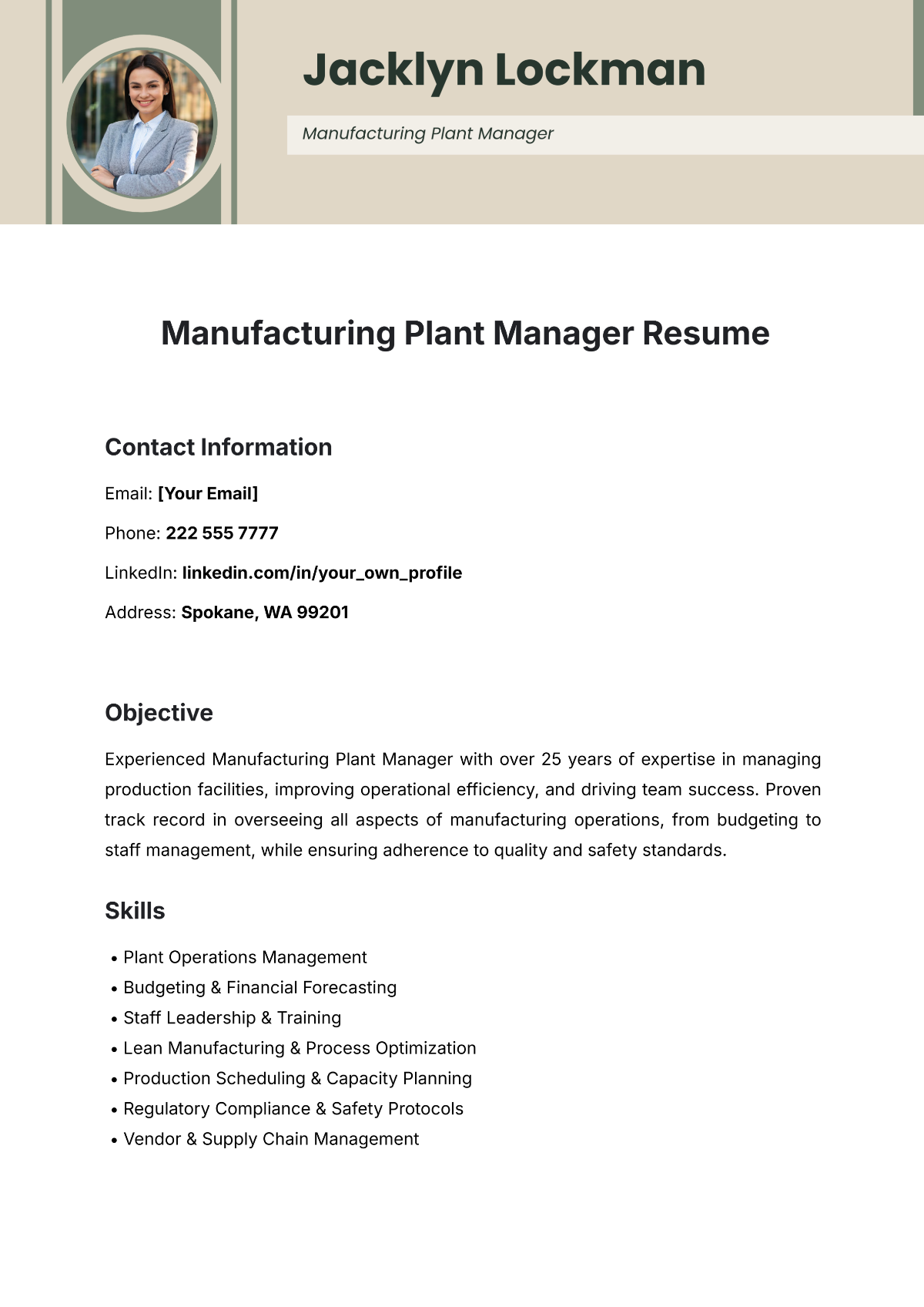 Manufacturing Plant Manager Resume Template - Edit Online & Download