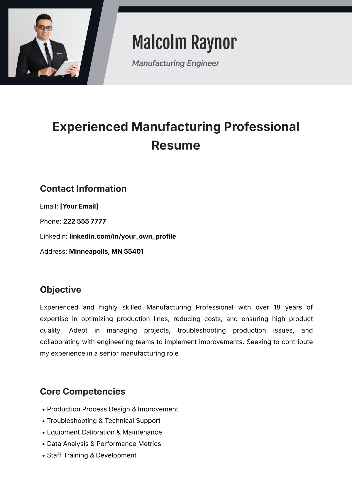 Experienced Manufacturing Professional Resume Template - Edit Online & Download