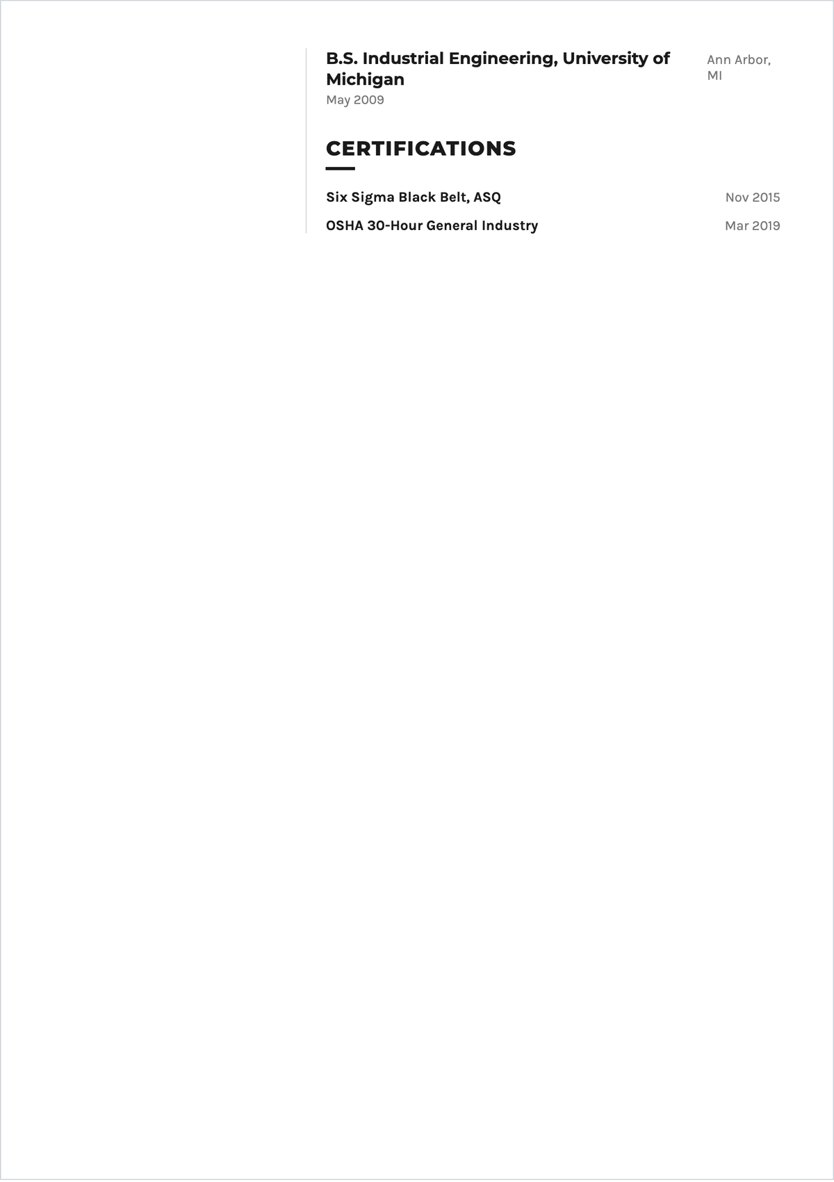 Free Experienced Manufacturing Professional ATS Resume Template