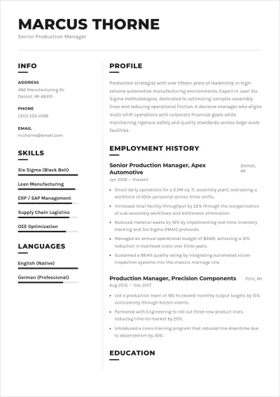 Free Experienced Manufacturing Professional ATS Resume Template