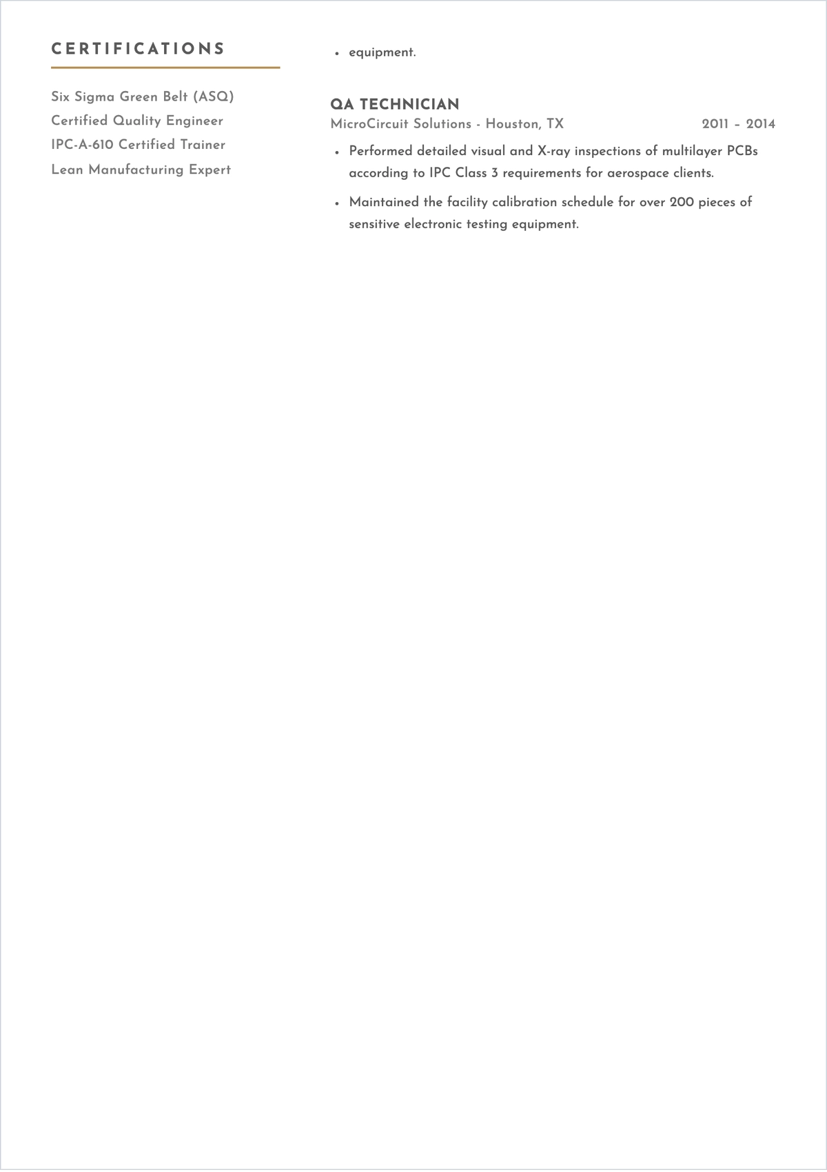 Free QA Manufacturing ATS Resume Template, AI Resume Builder