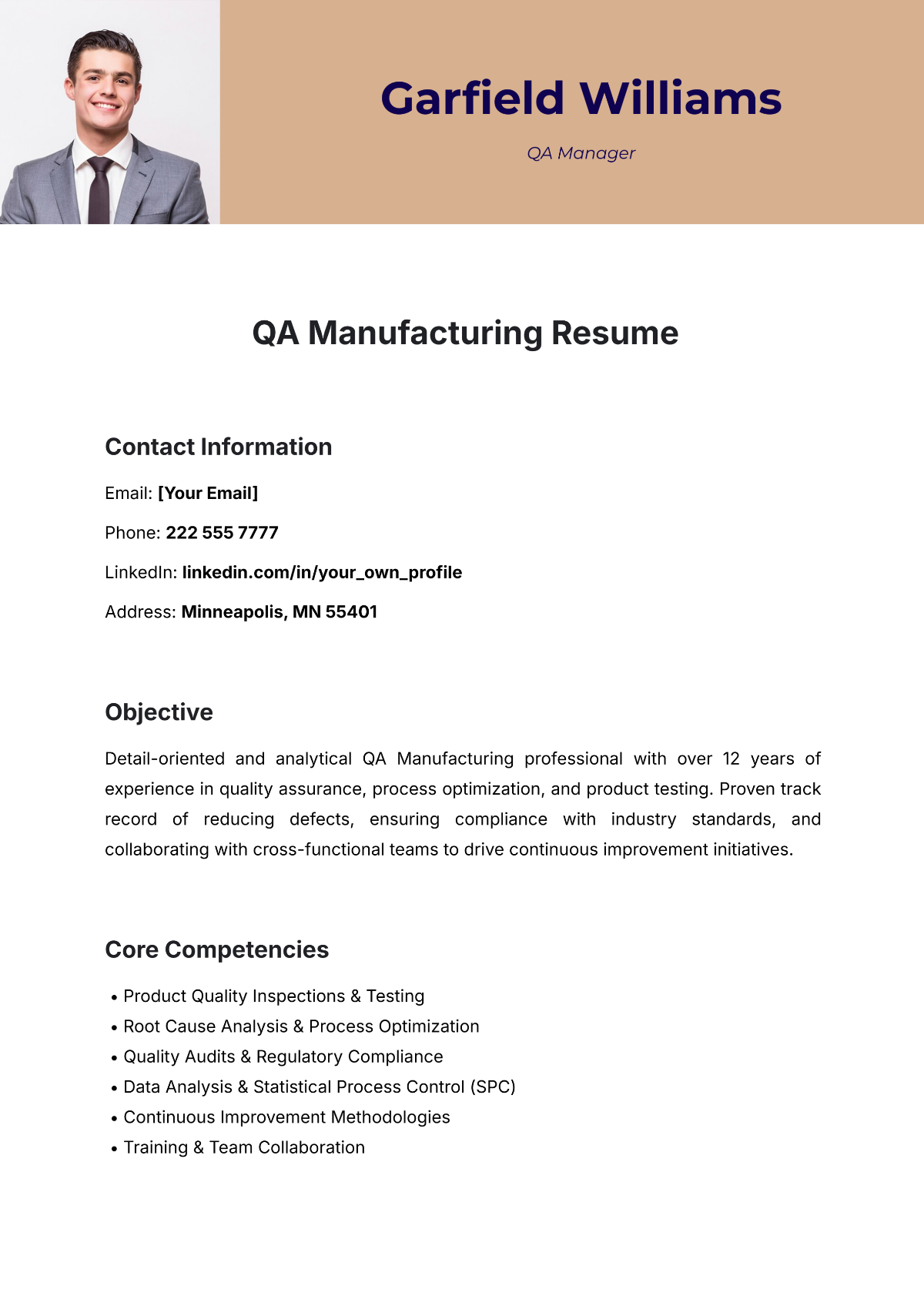 QA Manufacturing Resume Template - Edit Online & Download