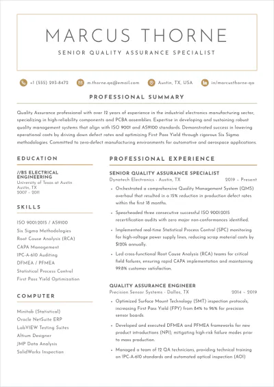 Free QA Manufacturing ATS Resume Template, AI Resume Builder