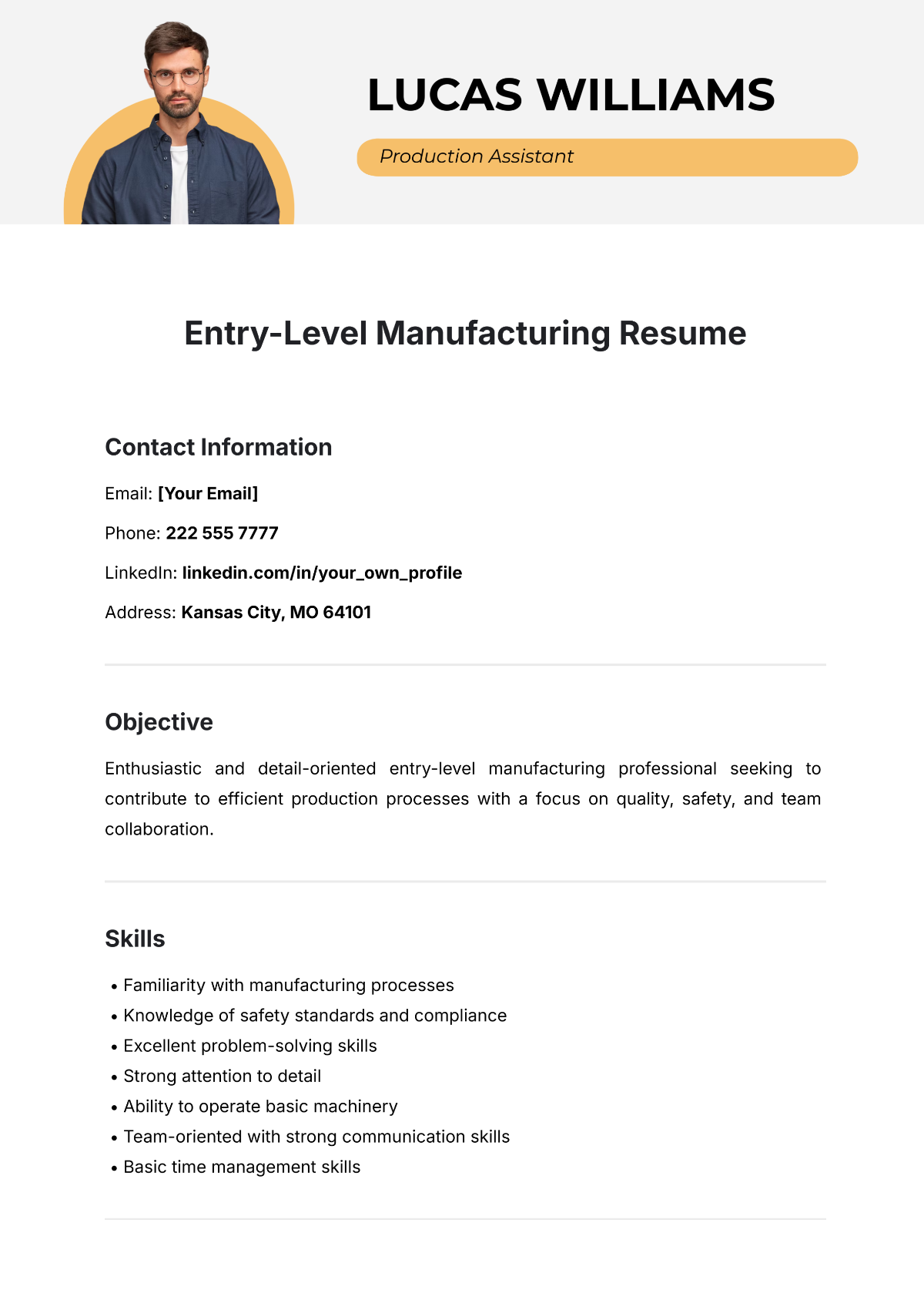 Entry-Level Manufacturing Resume Outline Template - Edit Online & Download