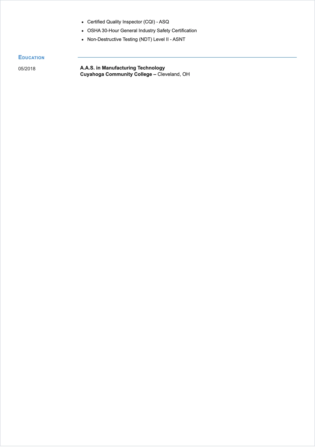 Free Industrial Manufacturing QI ATS Resume Template