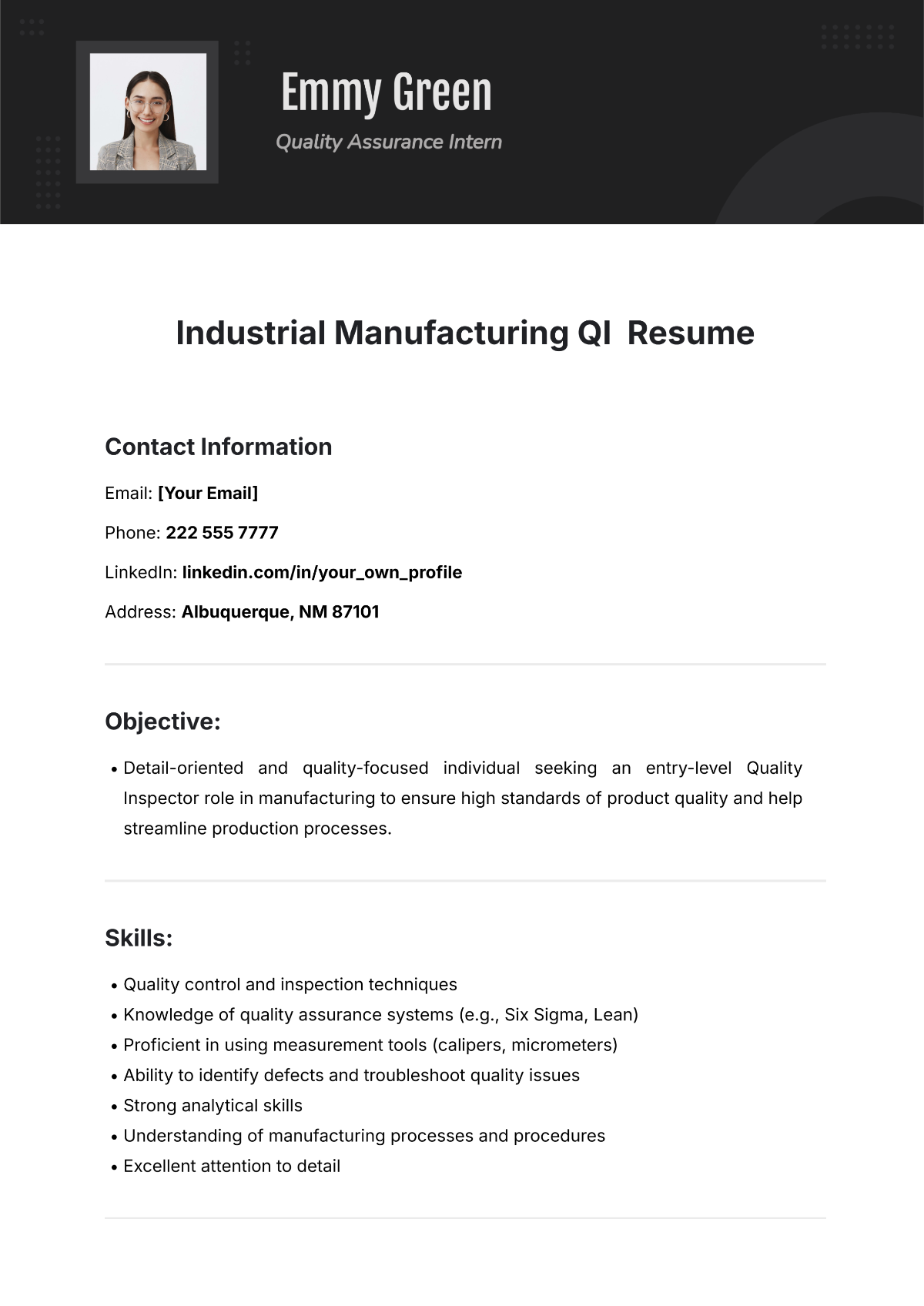 Industrial Manufacturing QI Resume Template - Edit Online & Download