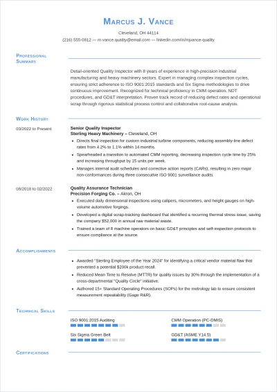 Free Industrial Manufacturing QI ATS Resume Template