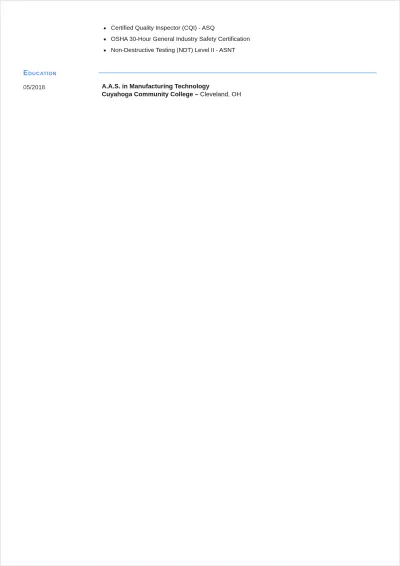 Free Industrial Manufacturing QI ATS Resume Template