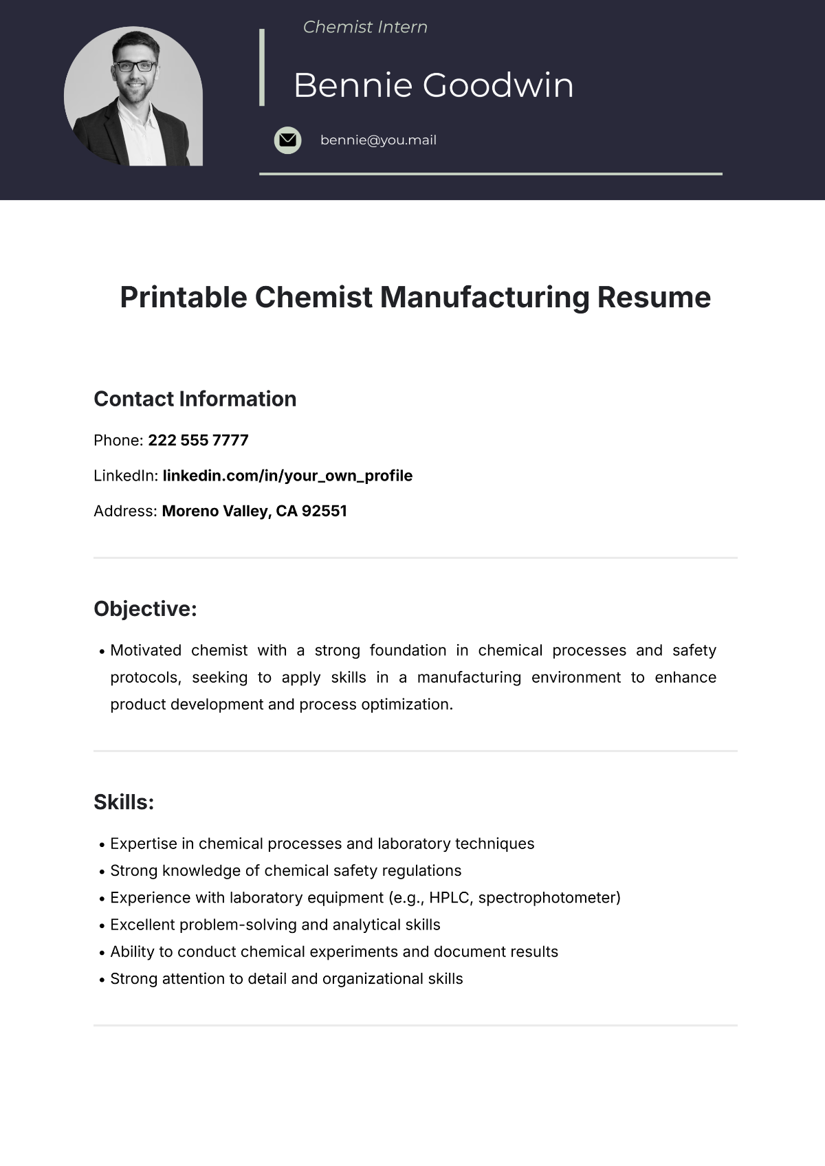 Printable Chemist Manufacturing Resume Template - Edit Online & Download