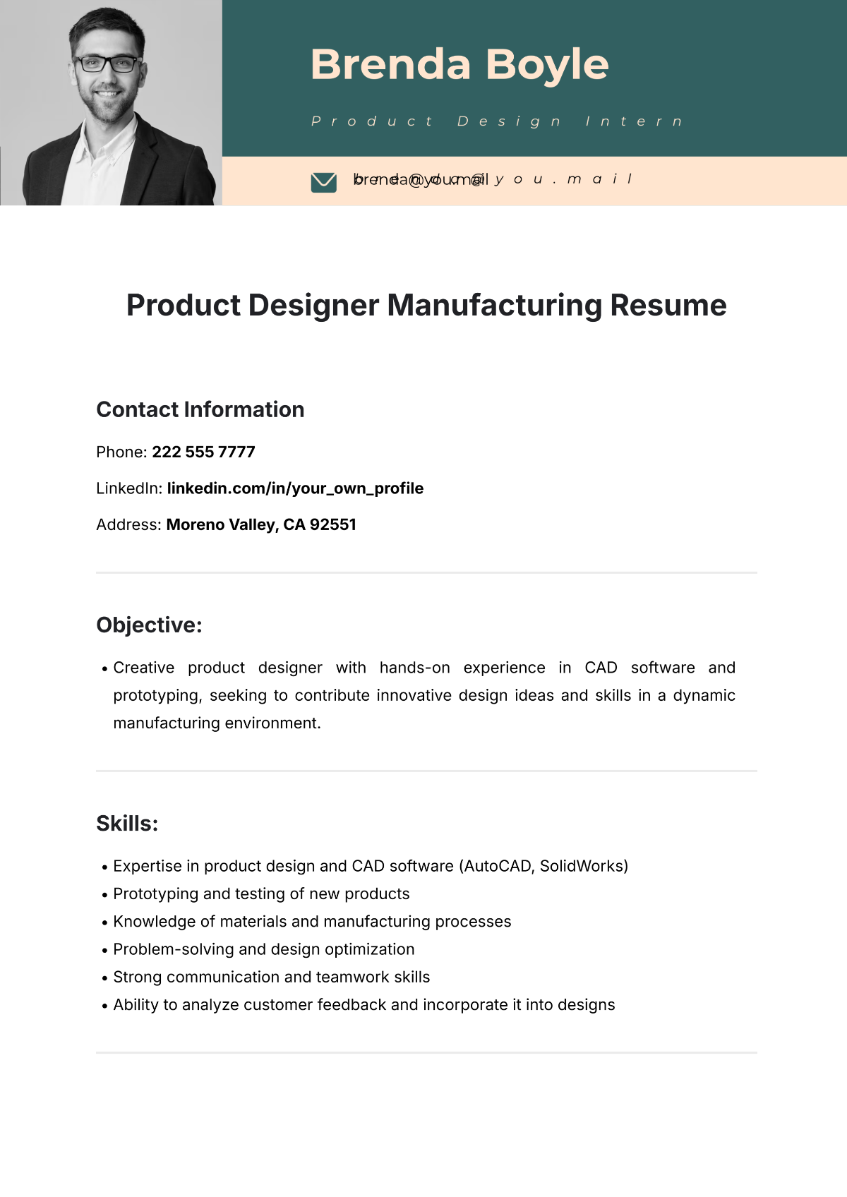 Product Designer Manufacturing Resume Template - Edit Online & Download