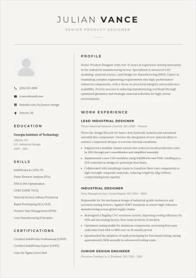 Free Product Designer Manufacturing ATS Resume Template