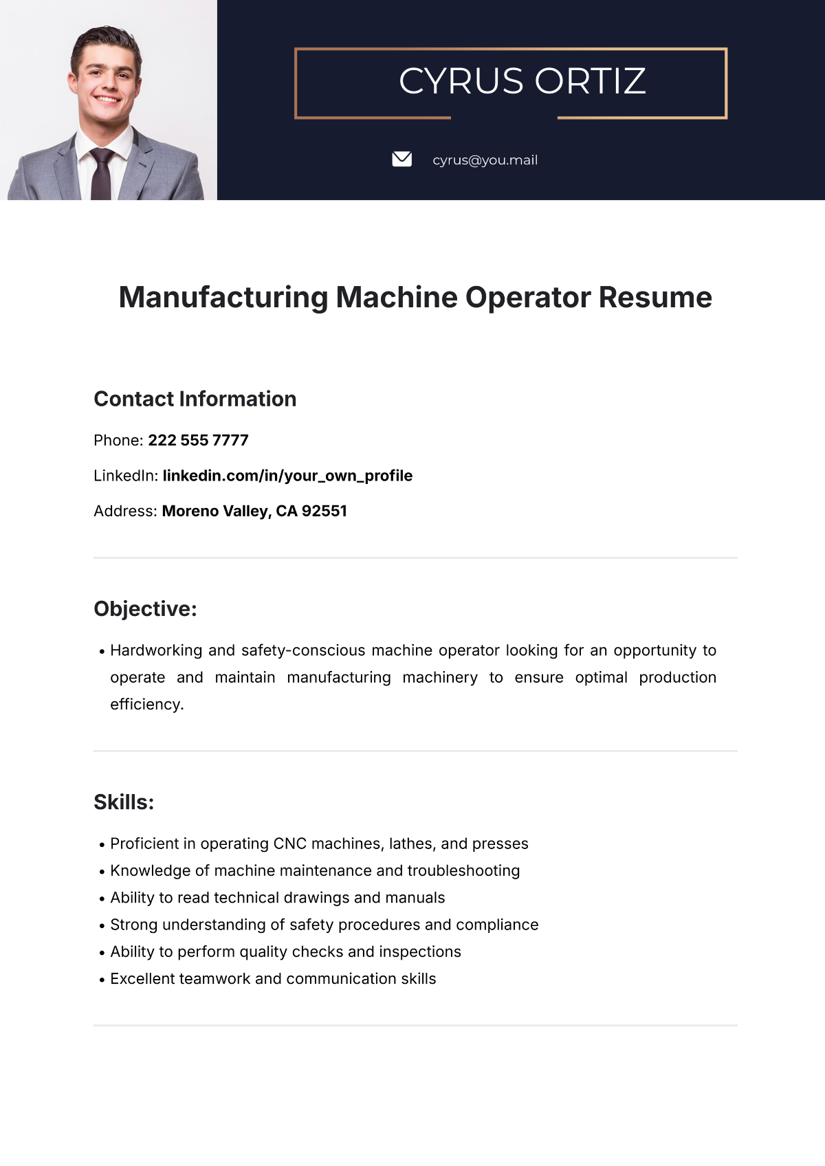 Manufacturing Machine Operator Resume Template - Edit Online & Download