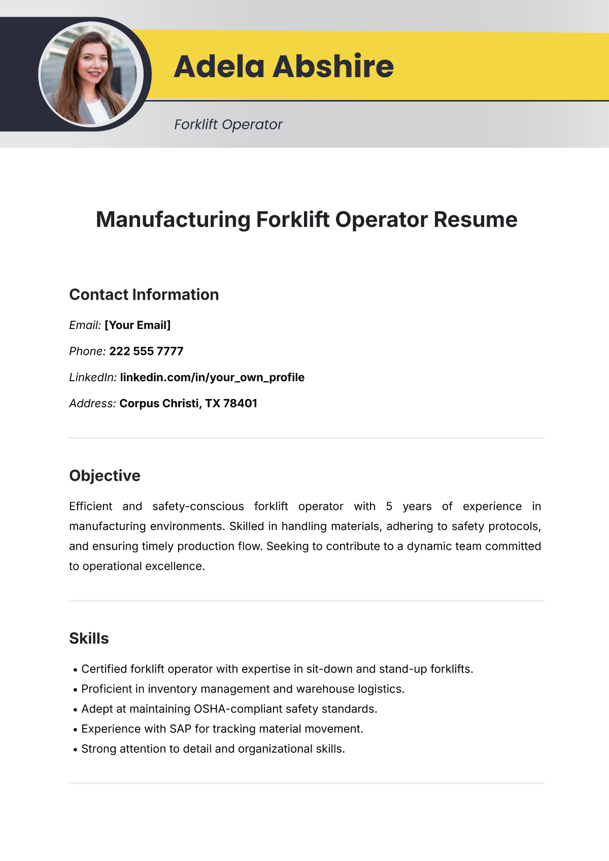 Manufacturing Forklift Operator Resume Template - Edit Online & Download