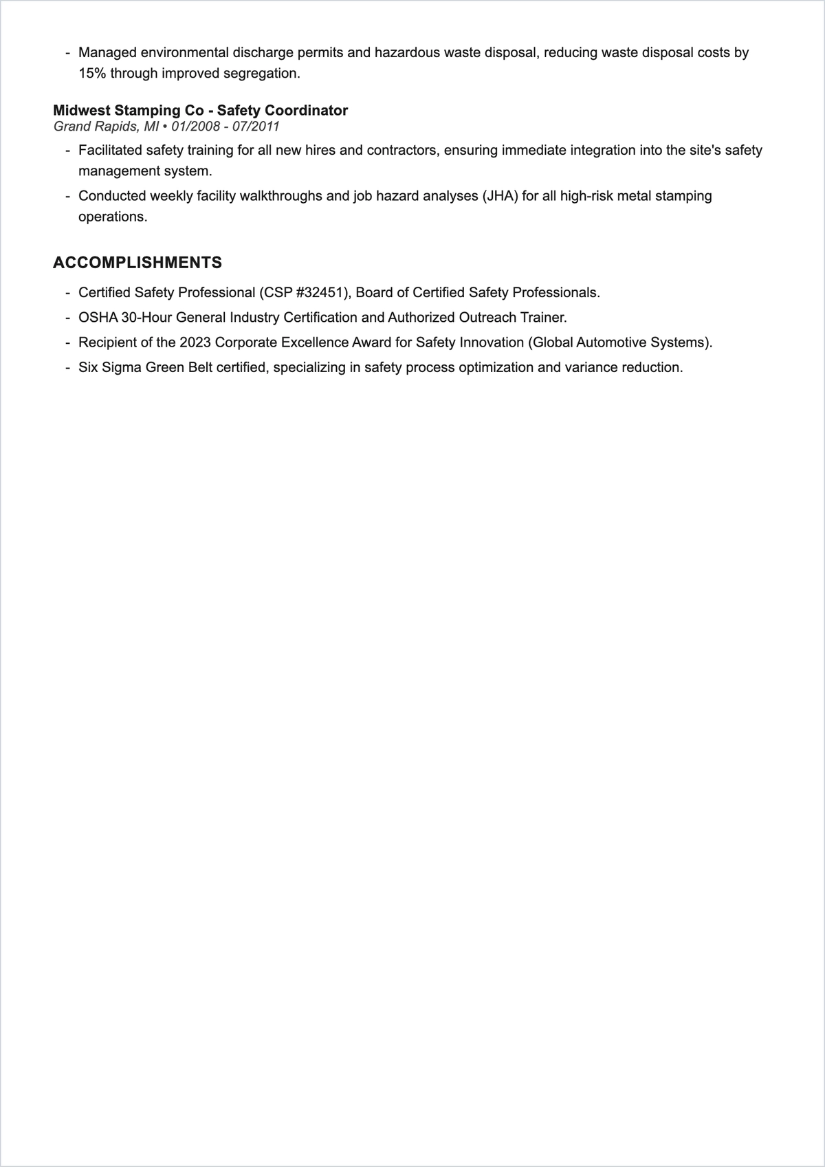 Free Safety Manufacturing Manager ATS Resume Template