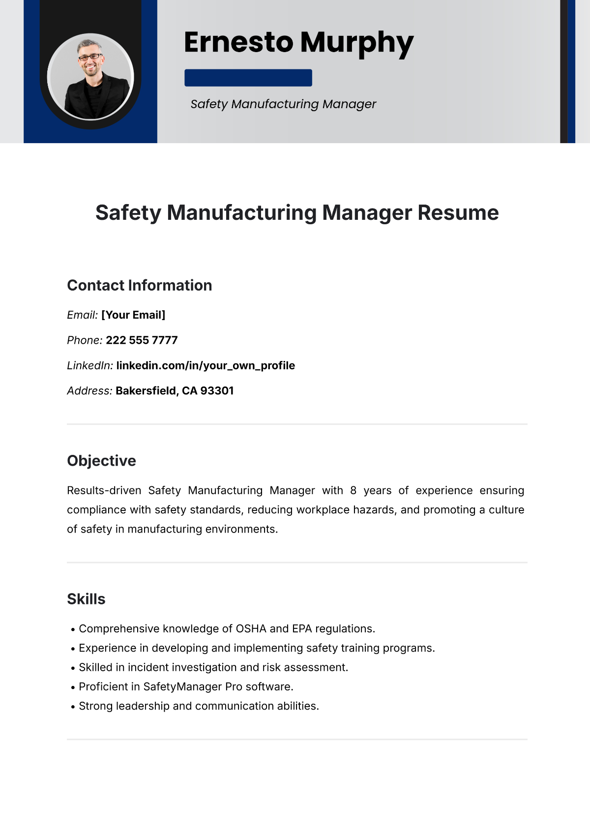 Safety Manufacturing Manager Resume Template - Edit Online & Download