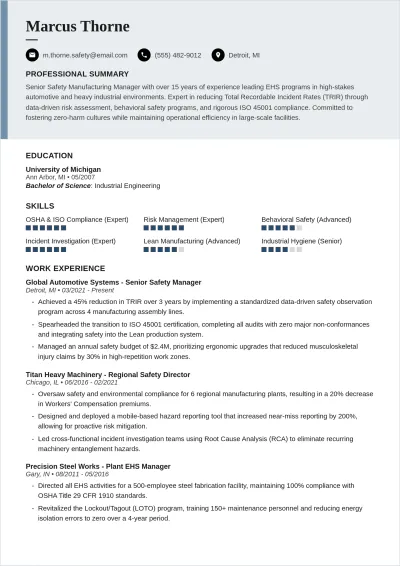 Free Safety Manufacturing Manager ATS Resume Template