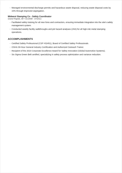 Free Safety Manufacturing Manager ATS Resume Template