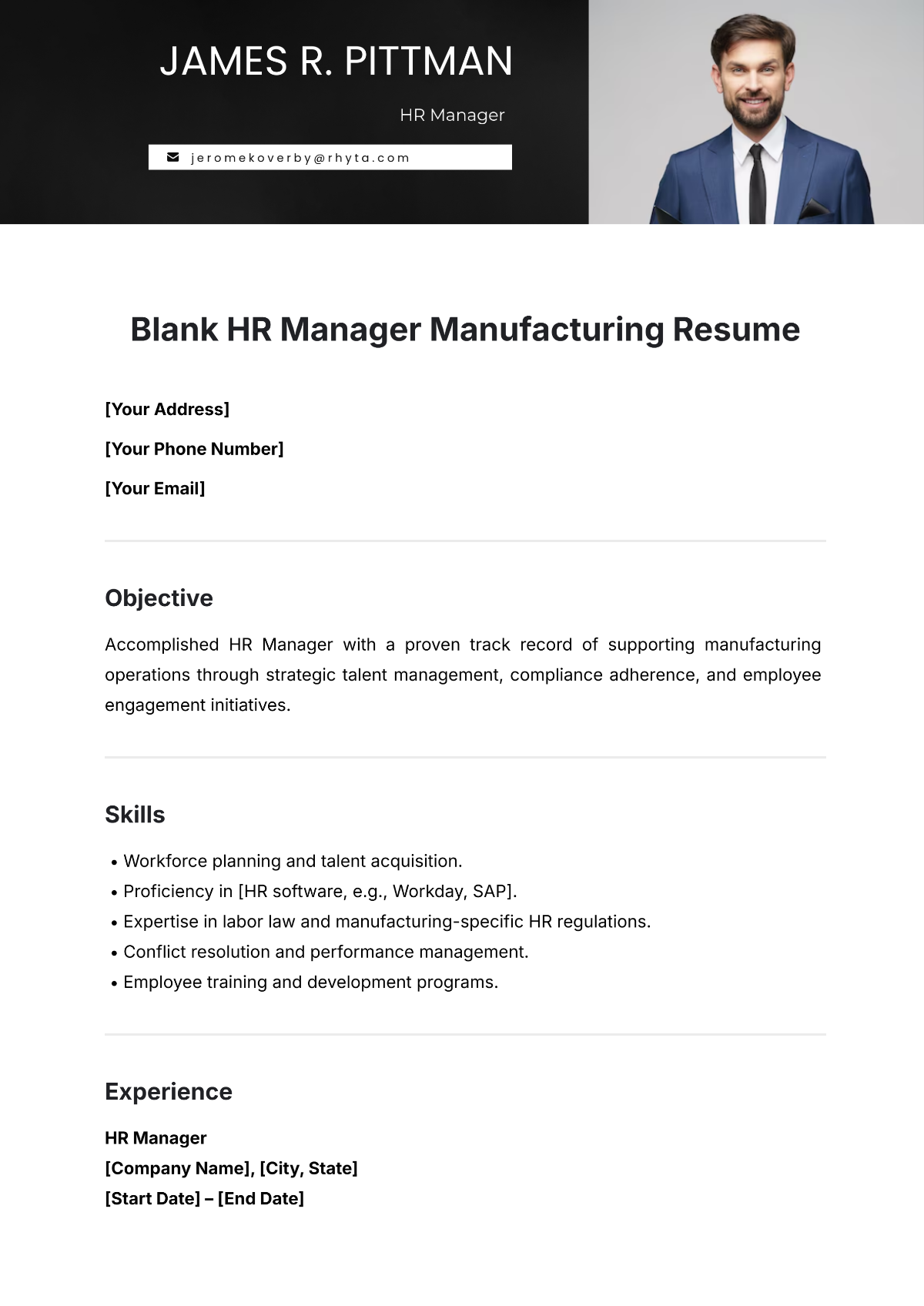 Blank HR Manager Manufacturing Resume Template - Edit Online & Download