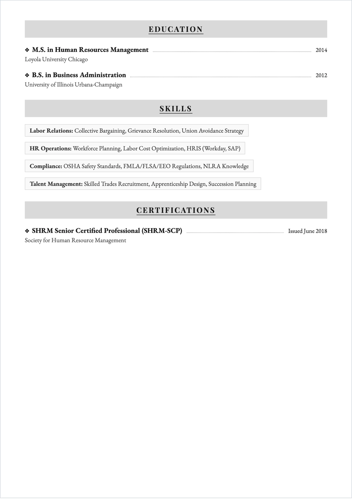 Free Blank HR Manager Manufacturing ATS Resume Template