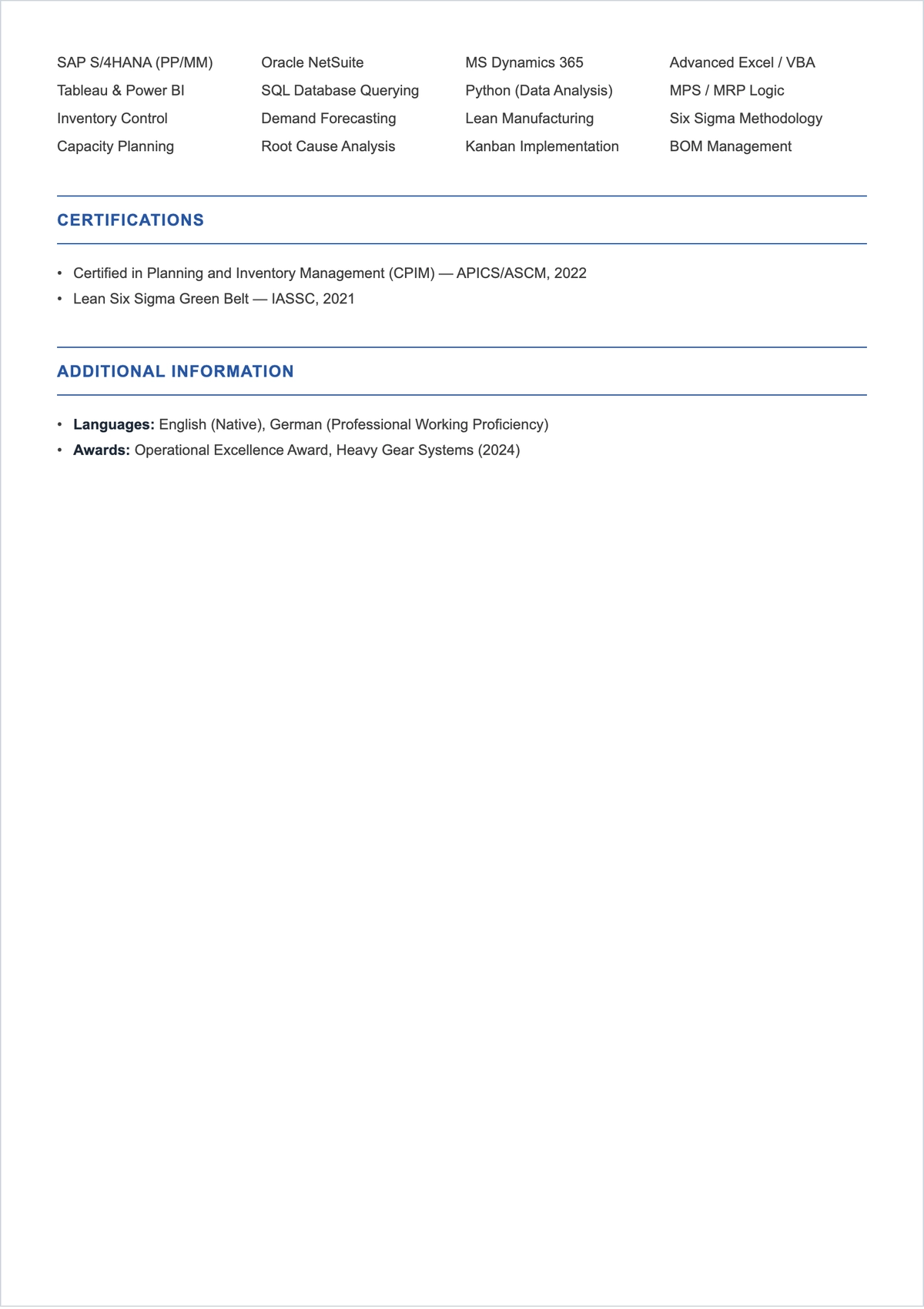 Free Manufacturing Planning Analyst ATS Resume Template