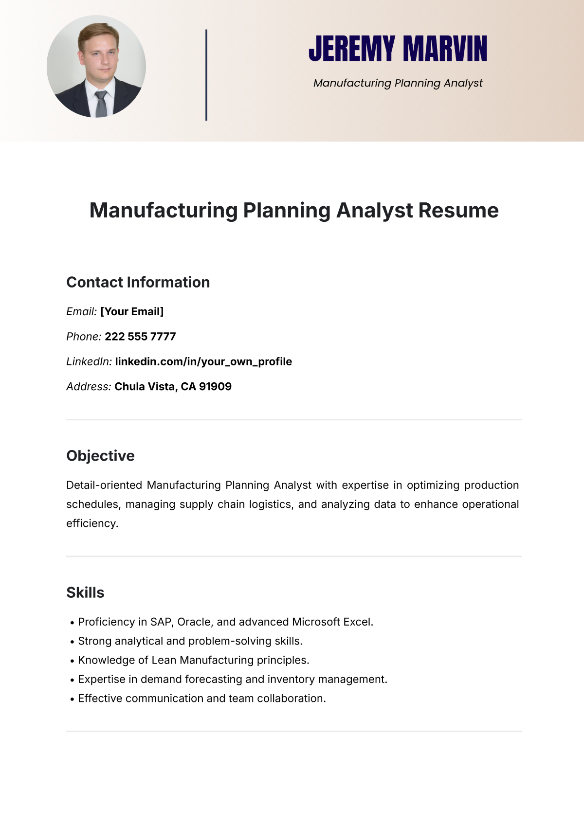 Manufacturing Planning Analyst Resume Template - Edit Online & Download