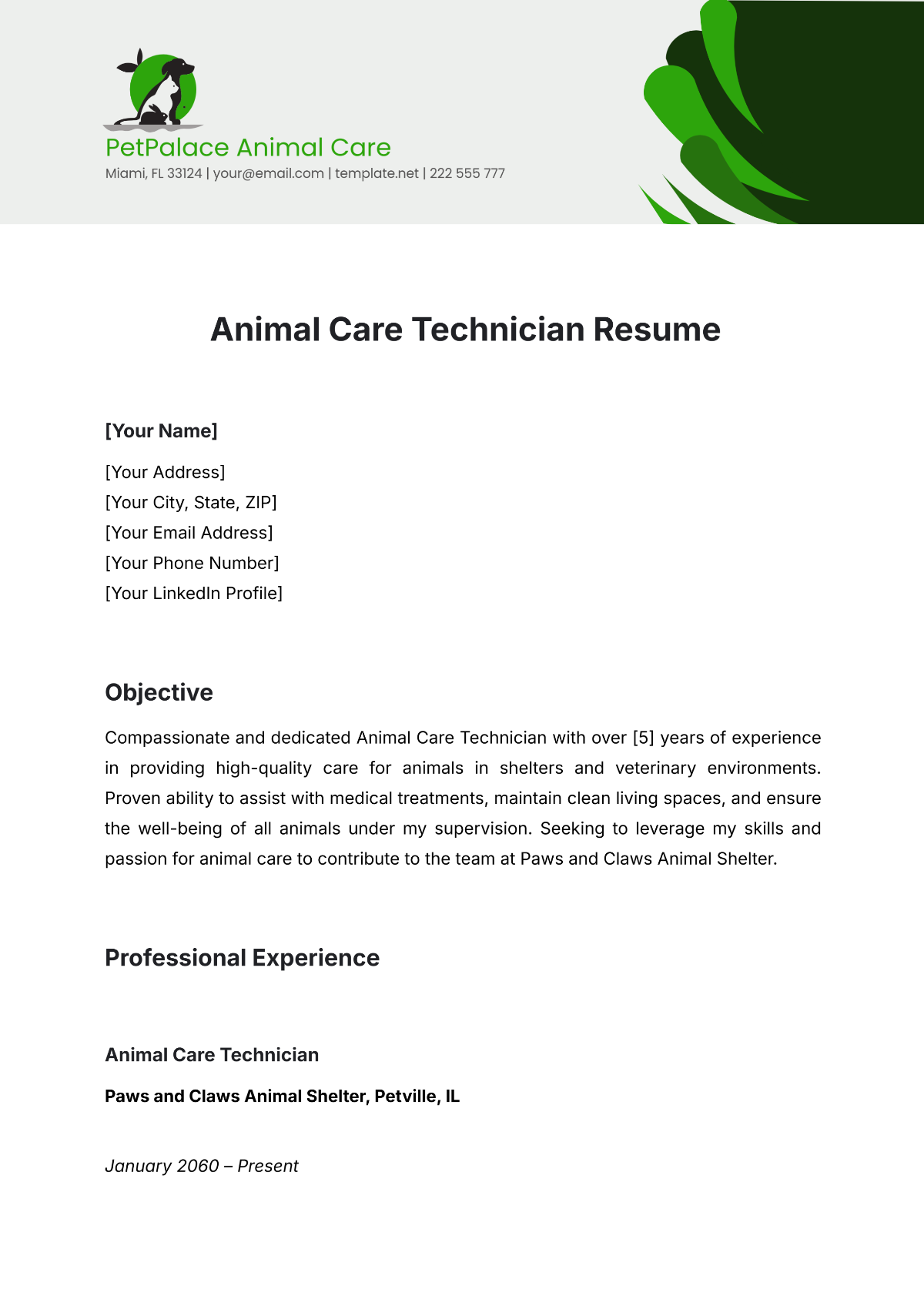 Animal Care Technician Resume Template - Edit Online & Download