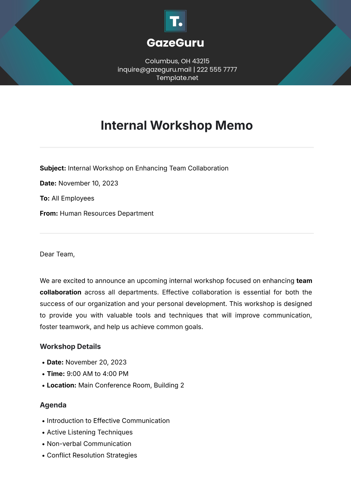 Internal Workshop Memo Template - Edit Online & Download