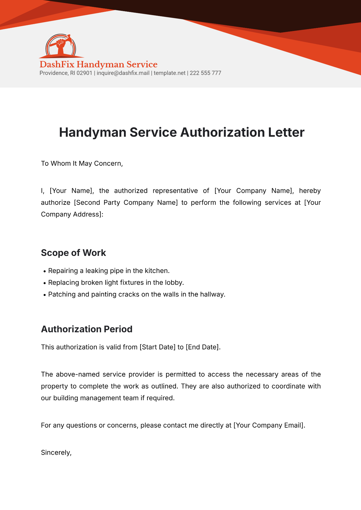 Handyman Service Authorization Letter Template - Edit Online & Download