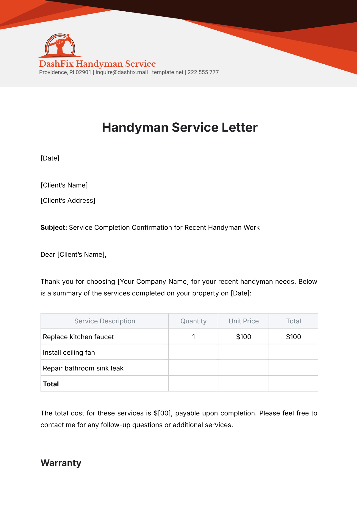 Handyman Service Letter Template - Edit Online & Download