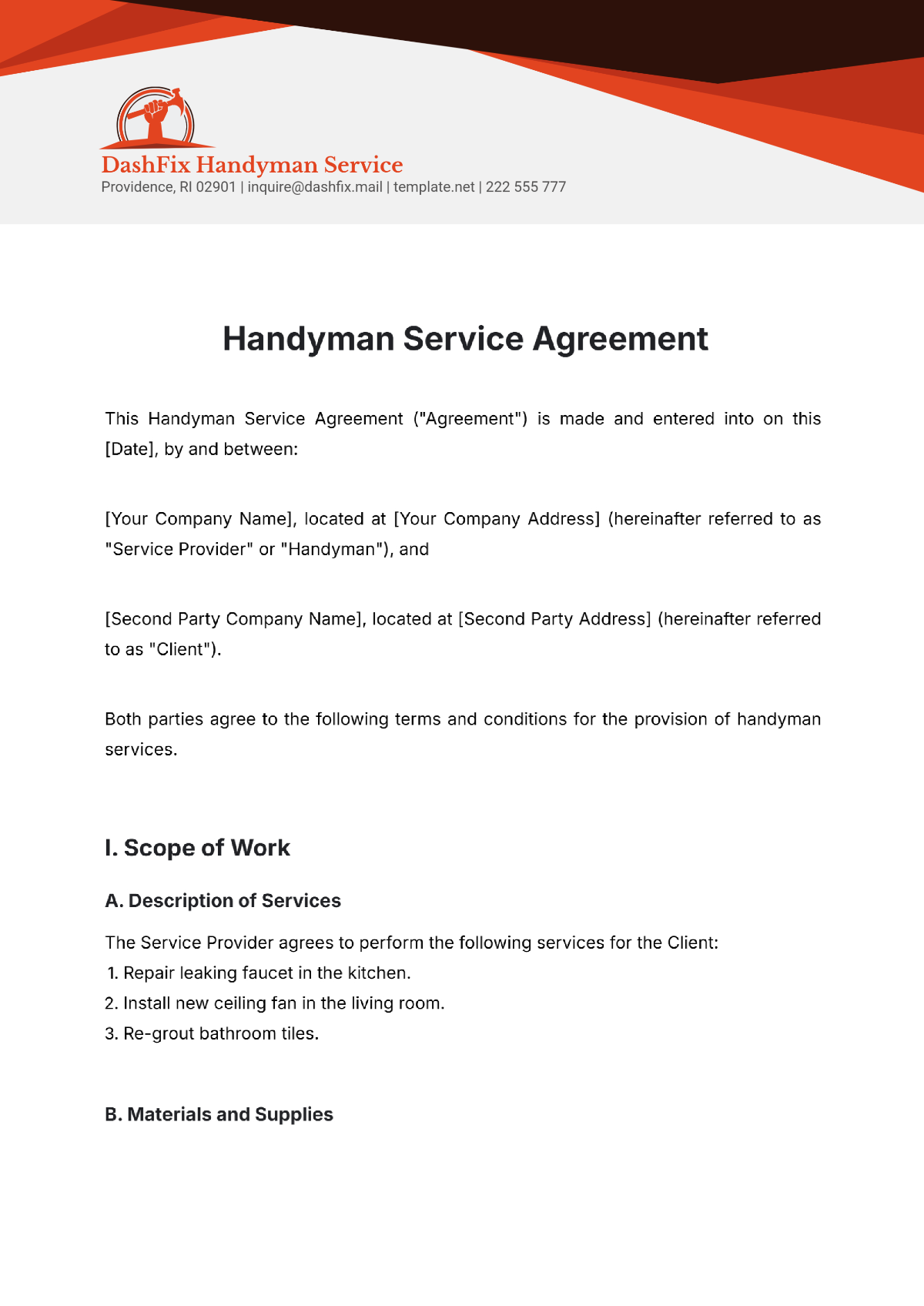 Handyman Service Agreement Template - Edit Online & Download